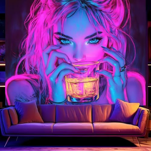 BlissYard Schwarzlicht-Wandteppich, Schlafzimmer, cooles süßes Mädchen, Anime-Wandteppich, ästhetisch, UV-reaktiv, violett, leuchtet im Dunkeln, Kunst, Wandbehang, Poster, Zimmer, Schlafzimmer, Party,