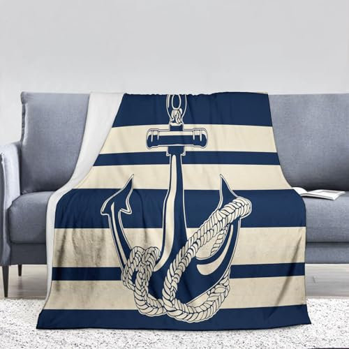 DACRWEKZ Kuscheldecke Flauschig, Blaue Und Weiße Streifen Decke, Anker Fleecedecke 230 x 270 cm, Sofadecke & Couchdecke, Weiche Kuschelige Wohndecke Blanket, Decken für Sofa Couch