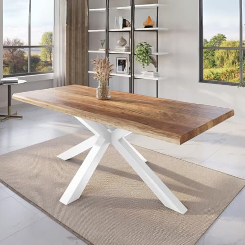 trelevo Esszimmertisch 180x90 cm, Mangoholz massiv, Tischplatte Natur/rau, echte Baumkante, Spider Gestell weiß, Baumkantentisch