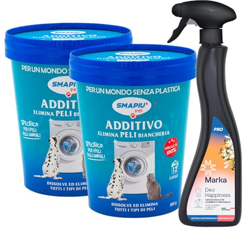 Elimina Peli Additivo per Lavatrice, Soluzione per Bucato con Peli di Animali Domestici, 2 Confezioni da 500g Smapiu Pet + Deodorante Ambienti Marka Deo Happiness - Amami BEAUTY