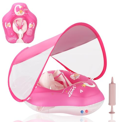 LOOWARTS Salvagente Neonato 3-12 mesi, Salvagente Neonato con Parasole e Seggiolino di Sicurezza Ciambella Neonato, Piscina Salvagente Bambini Gonfiabile UPF50+ Protezione UV