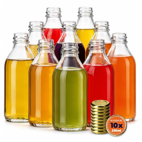 KADAX 10er Set Glasflaschen 330ml mit Schraubverschluss Gold – Leere Flaschen zum Befüllen für Saft, Likör, Öl, Essig & Sirup, Refillable Glass Bottles