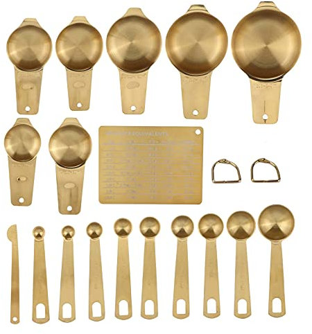 CHFYIJYHM Juego de 19 Tazas y cucharas medidoras de Acero Inoxidable, 7 Tazas y 10 cucharas + 2 Anillos en D + Tabla de conversión y nivelador, Juego de medición Profesional de Metal for Ingredientes