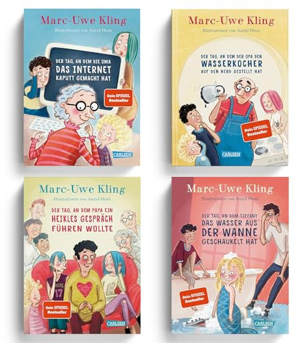 Marc-Uwe Kling Bücher 4er Set – Der Tag, an dem... (Band 1–4) inkl. Lesezeichen – Kinderbücher ab 6 bis 10 Jahre - Lustig & kluge – Oma macht das Internet kaputt, heikle Gespräche & mehr
