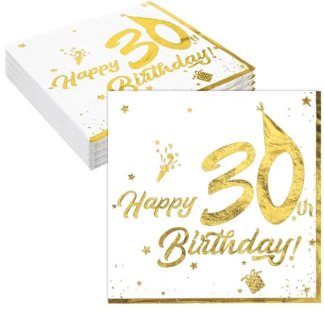 40 Stück Servietten 30. Geburtstag, Servietten Gold Weiß, Happy Birthday Deko 30 Geburtstag Männer Frauen, Gold Schrift, Cocktailservietten Jubiläum Deko Tischdeko für Party, 33x33 cm