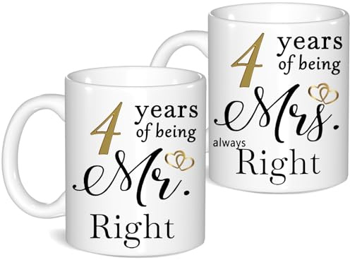 4 Year Anniversary Coffee Mugs Set of 2, 4th Anniversary Wedding Gifts for Wife Husband Parents Grandparents Men Women Him Her, 4 Year Valentines Engagement Couple Cups