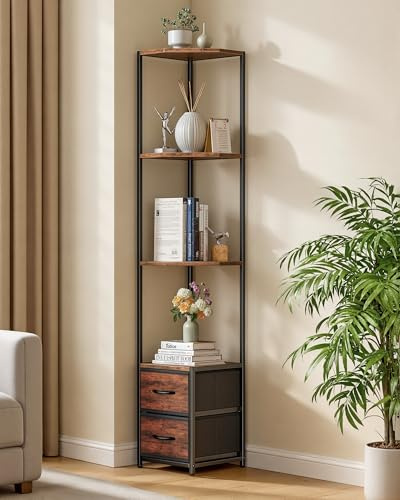 Housolution 6 Tier Corner Shelf Stand with Storage and Fabric Drawers,Brown | 63.4'' Tall Narrow Corner Bookshelf, Freestanding Corners Storage Shelf for Living Room Bedroom Small Space