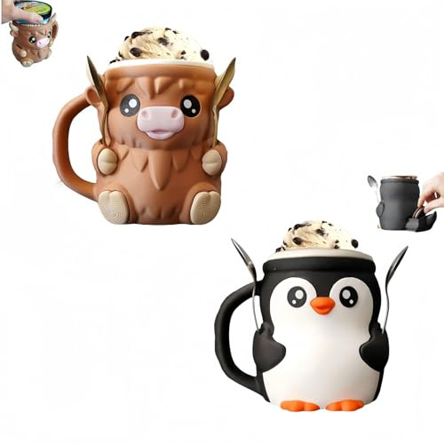 runsion Eiscreme-Pint-Halter, Pinguin und Kuh, mit isoliertem Griff und 2 Löffeln, Geschenk für Sahne-Liebhaber