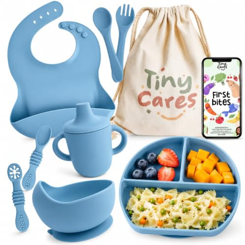 TINYCARES Vajilla Bebe Silicona, Vaso Aprendizaje y Cuchara Bebe Aprendizaje para Desarrollo Motor de Bebes, Vajilla Infantil, Cubiertos Infantiles. Incluye Bolsa de Algodón y Guía Recetas BLW