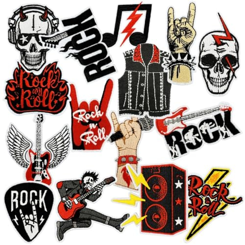 15 Stück Cartoon Schwarze Musikserie Stickerei Patch Rock Skelett Bügelbild Aufbügler Iron On Sew On Flicken Aufkleber Applikation DIY Bügelbilder für T-Shirt Weste Rucksäcke Kleidung Taschen Hut