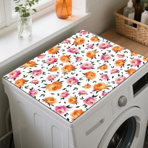 GLOBLELAND Peony Flower Washer Dryer Dust Cover 23.6×19.69inch Leaves Washing Machine Top Protector Pads Non Slip Washing Machine Top Covers for Laundry Room Table Coffee Machine Placemat