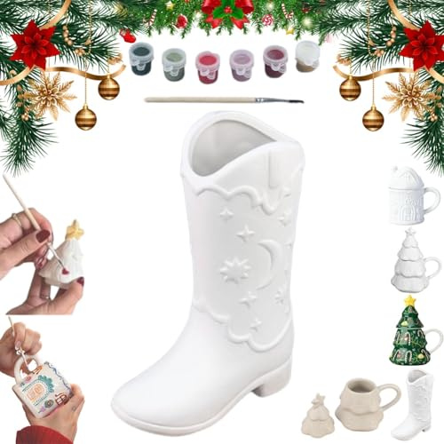 DIY Christmas Tree Mug Painting Set, Ceramic Coffee Cup Craft Set with Acrylic Paints and Brush, Funny Paintable Xmas White Coffee Cup, Personalized Hand-Painted Xmas Gift Idea for Art Activity(#C)