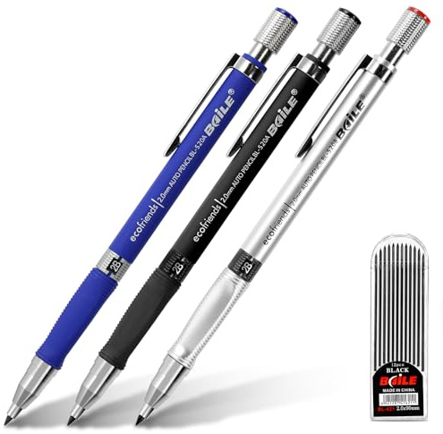 APXEL Porte-Mine 2 mm, 3 Pièces Crayon Mécanique, Rétractable Porte-Mine avec 1 Boîtes Recharge de Stylo et Anti-slip Grip Ergonomique pour Dessin Esquisse Architecture Écriture (3 Couleurs)