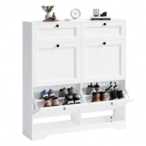 Xbro Schuhschrank mit Schublade und 4 Klappen, Schuhkipper Schmal, Schuhregal für 20–24 Paar Schuhe, mit verstellbaren Trennwänden, für Flur und Eingangsbereich, 95 x 24 x 102 cm, Weiß, Holzmaserung