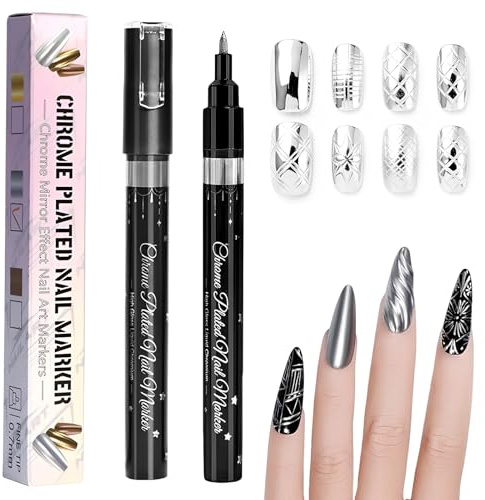 GWEOR Bolígrafo de Uñas Cromado Plata Efecto Espejo, Decoración Uñas y Glitter para Uñas, Pintura Plateada para Dibujo de Flores y Contornos, Ideal para Nail Art Creativa
