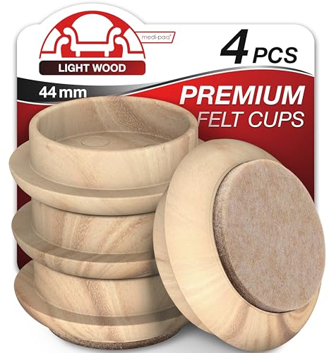 Medipaq Felt Castor Cups – 4x Small 44mm Light Wood Grain – Protects Wooden & Smooth Floors – Chair & Furniture Leg Protectors