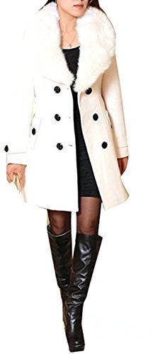 Damen Wintermantel Wollmantel Mit Faux Pelz Kragen Parka Herbstjacke Elegant Zweireihiger Trenchcoat Lang Mantel Übergangsjacke Dufflecoat Outwear Mit Gürtel (DE 32, Weiß)