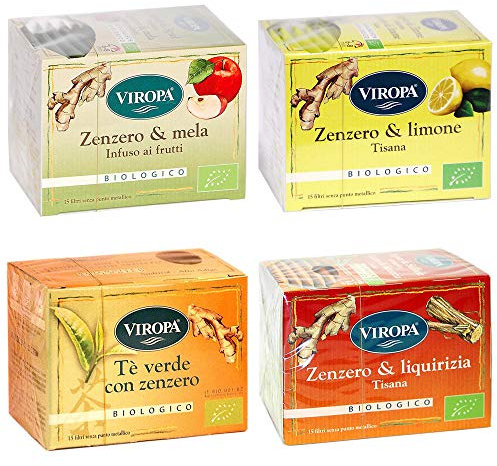 Viropa - Pacchetto MAGIA DI ZENZERO - Assortimento di 4 confezioni di infusi e tisane da 15 filtri ciascuna: Zenzero e Arancia, Zenzero e Limone, Zenzero e Liquirizia, Tè Verde Con Zenzero