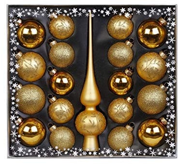 MAGIC Kugelsortiment Glas Dekor 19 TLG. mit Spitze Christbaumkugeln Christbaumschmuck Tannenbaum Deko Weihnachten Weihnachtskugeln Farbe: Gold