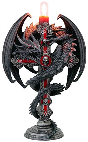 Nemesis Now Cross Candle Holder 26.5cm, Black Anne Stokes Kerzenhalter, Gothic, Guardian Dragon Kreuz, 26,5 cm, Schwarz, Kunstharz