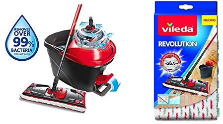 Vileda Ultramat Turbo Sistema Lavapavimenti con Secchio, Strizzatore e Piastra, con 1 Panno in Microfibra, Nero/Rosso & Revolution Panno Ricambio 2 in 1 in Microfibra, Bianco