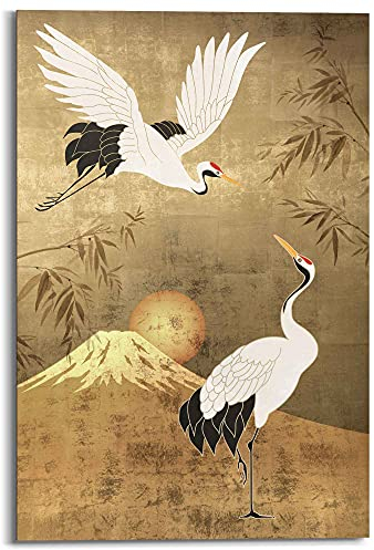 REINDERS Wandbild, Kraniche, Wohnzimmer, Bilder, Wanddeko, Room Decor, MDF, Gold, 90x60cm