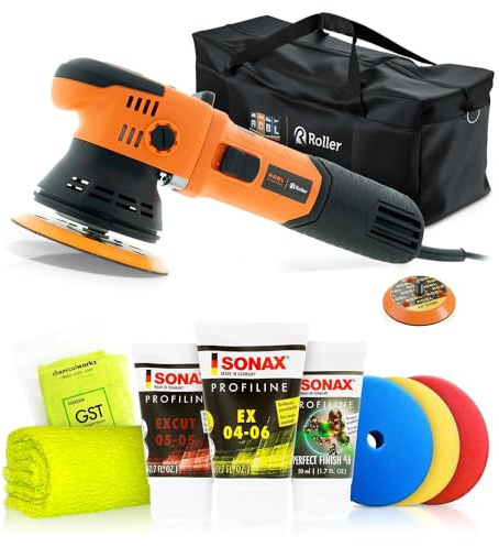 Poliermaschinen Set: ADBL D09125 Exzenter Poliermaschine + Sonax Politurset + Royal Pads Premium Polierpads - Auto Politur, Lack polieren, Kratzer entfernen, Aufbereitung | 8-teilig