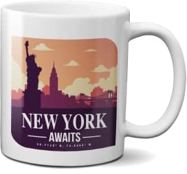 New York Awaits Skyline Mug -Big Apple NYC Birthday Present Gift City Pink Orange Coffee Tea Cup Heavy Duty Handle Dino Coated Dishwasher/Microwave Safe Sublimation Ceramic (White Prime)