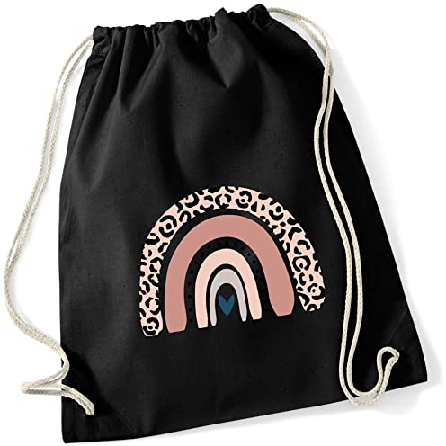 minimutz Turnbeutel für Kinder Baumwolle mit Regenbogen in Rosé | Motiv LEO-Print für Mädchen | Stoffbeutel Rucksack zum Zuziehen mit Kordel (schwarz)