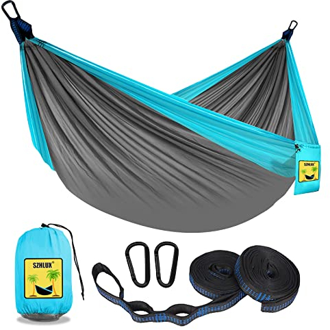 SZHLUX Camping Hammock Double & Single Portable Hammocks with 2 Tree Straps and Attached Carry Bag,Great for Outdoor,Indoor,Beach,Camping,Light Grey/Sky Blue