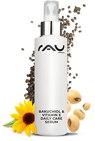 RAU Cosmetics Anti-Aging Serum Bakuchiol & Vitamin E Daily Care Serum 100ml - Tagespflege Konzentrat mit UV-Schutz - Anti Falten für Männer & Frauen - Für Unreine, Trockene, Reife Haut & Mischhaut