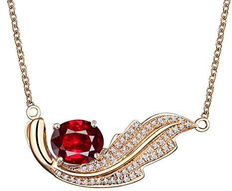 Mesnt Halskette Damen, Lange Ketten Damen Modeschmuck, 18 Karat Gelbgold Ketten mit Anhänger Federform mit 0,56 Karat Rubin Schmuck Geschenke für Geburtstag Jahrestag Hochzeit Party