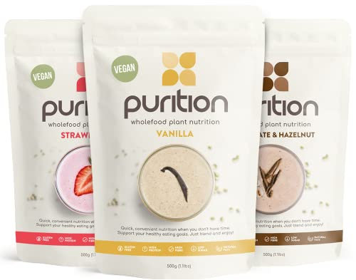 Purition Vegan Variety 3-Pack – Chocolate, Strawberry & Vanilla | High Protein Wholefood Shakes | Plant-Based Meal Replacements for Keto Diet, Weight Loss & Healthy Breakfasts | 3 x 12 Servings