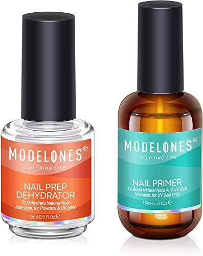 Modelones Primer für Gelnägel Dehydrator für Nägel, 15ml Professional Acid Free Nail Prep Natural Air Dry Superior Bonding Primer Set fur Nail Art UV Gel Nagellack Dip Powder Acrylnägel