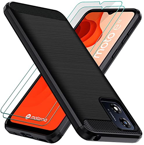 ivoler Hülle für Motorola Moto E13 mit 2 Stück Panzer Schutz Glas, Militärischer Stoßfest Handyhülle, Dünne Weiche TPU Silikon Kratzfest Schutzhülle Anti-Fingerabdruck Case, Schwarz