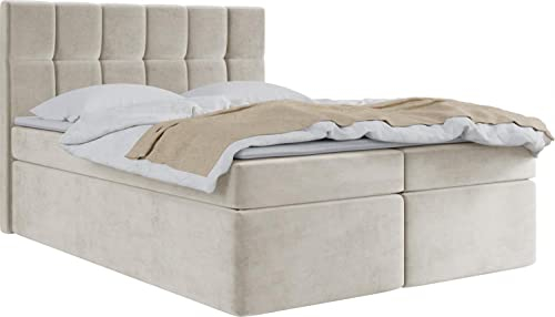 WFL GROUP Boxspringbett mit Bettkasten 120x200 140x200 160x200 180x200 200x200 Doppelbett Gepolstert Bett Mit Matratze und Topper - Stauraumbett mit Kopfteil - Beige Samt - 140 x 200 cm