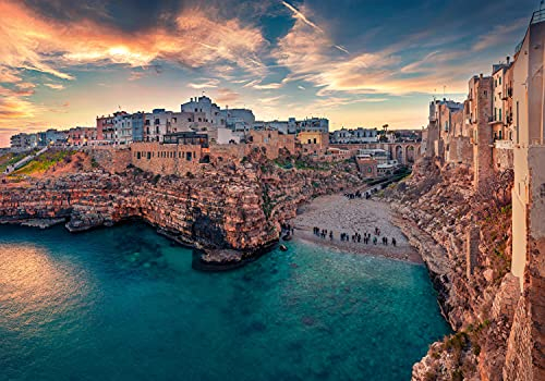 wandmotiv24 Fototapete mediterrane Stadt am Meer, 200 x 140cm - selbstklebende Strukturtapete, Wanddeko, Wandbild, Wandtapete, Italien Himmel Wolken Architektur Urlaub Reisen M6716