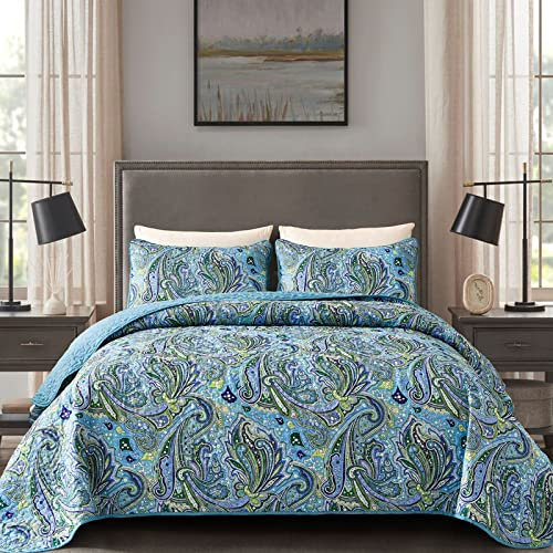DJY Paisley-Bettwäsche-Set, Queen-Size-Größe, Boho-Paisley-Bettwäsche-Set, 3-teilig, weich, leicht, für alle Jahreszeiten, Tagesdecken-Set, Blaugrün und Grün, Queen-Size-Größe 248x228 cm