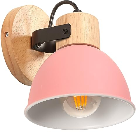 iDEGU Applique Murale Interieure Spot LED 15cm Rétro Lampe Murale Insustrielle en Bois Fer Design Vintage Luminaire Réglable Lustre Plafonnier E27 Éclairage Mural pour Chambre Cuisine Salon (Rose)
