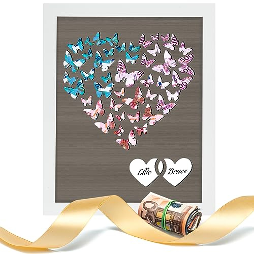 RUMIA Geldgeschenk zur Hochzeit, Personalisierte Geldgeschenk Hochzeit Bild mit Herzmotiv Holzrahmen Hochzeitsgeschenke für Brautpaar Geburtstag Jahrestag Valentinstag Geldgeschenkideen Deko