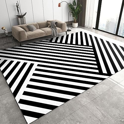 TEMLAN Gestreifte Schwarz-Weiß-Diagonale Teppiche Gegend, Geneigte Linien Im Zickzack Waschmaschinenfest Große Teppiche für Wohnzimmer, Schlafzimmer, Kinderzimmer, Büro, etc 180 x 280cm