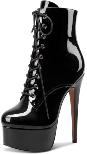 NobleOnly Donna Spillo Alto High Piattaforma Tacco Heel Rotonda Punta Lacci Cerniera Dress Classico Stivaletti Nero Verniciata 43 EU