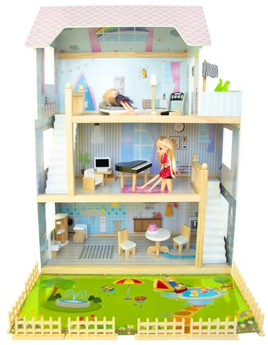 4iQ Group Puppenhaus aus Holz 78x53x61,5cm - Puppenhaus ab 3 Jahre Mädchen - Puppenhaus Groß mit 3 Etagen und Garten - Dollhouse mit Möbeln und Zubehör