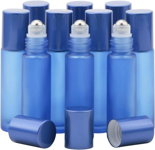 Rowiz 10ml Glass Roller on Bottle, Refillable Empty Bottle with Stianless Steel Ball for Aromatherapy, Perfumes and Essential Oils, Pack of 10 (Blue)