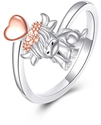 VONALA Hochland Kuh Ring 925 Sterling Silber Herz Ring Offen Einstellbare Schmuck Geburtstag Sgeschenke für Damen Mädchen