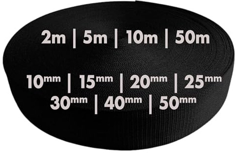 Gurtband 2m 5m 10m 50m, 50 Farben, Breite 10mm 15mm 20mm 25mm 30mm 40mm 50 mm Taschengurt Polypropylen Ideal für DIY-Projekte, Handarbeiten & Outdoor (580) Schwarz, 30mm x 5m