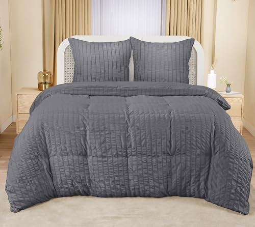 Utopia Bedding Seersucker Bettwäsche 240x260 Set - Mikrofaser Polyester Bettbezug 240x260 cm + 2 Kissenbezüge 65x65 cm - Grau