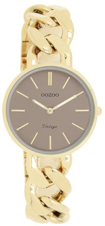Oozoo Vintage Damen Uhr Gold/Taupe | Armbanduhr Damen mit Metall Chunky Armband | Moderne Uhr für Frauen | Edle Analog Damenuhr in rund C20358 (32mm Gehäuse)