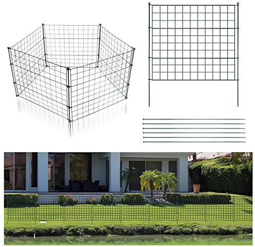 Duisrech Teichzaun Gartenzaun, 44 Stück Set Metall Teichzaun Steckzaun Metallgitter Gartenzäune - 20 Zaunelemente 24 Befestigungsstäbe (Gerade), Länge 15 m Metallzaun Grün