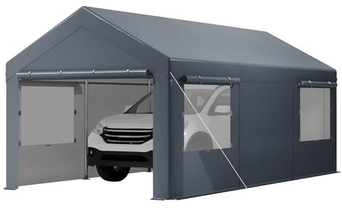 GarveeLife Garage portatile con pareti laterali, porte e finestre ventilate, resistente ai raggi UV e impermeabile, per auto, bici, barca, feste (grigio)